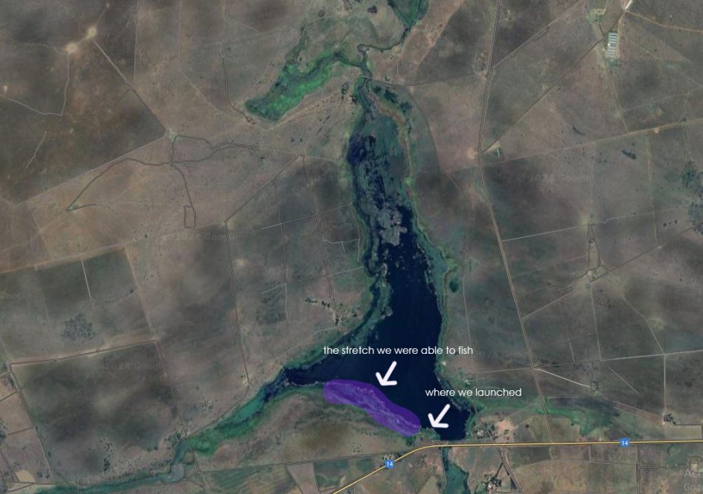 Map of Klerkskraal Dam highlighting the areas we fished